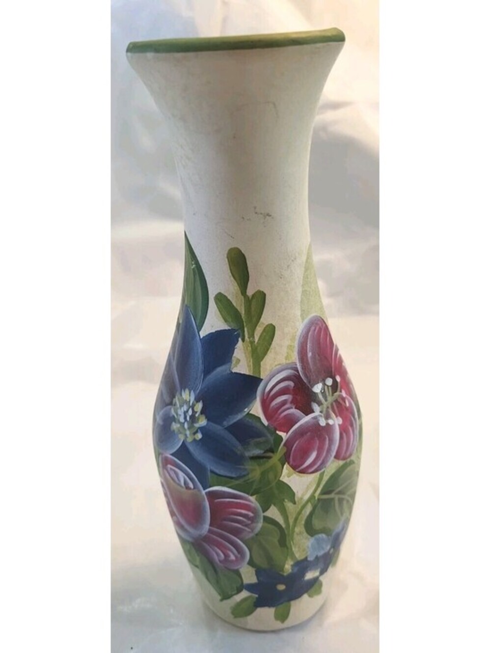 Vintage Hand Painted Floral Vase: Matte Cream & Blue Purple, 8 Inch